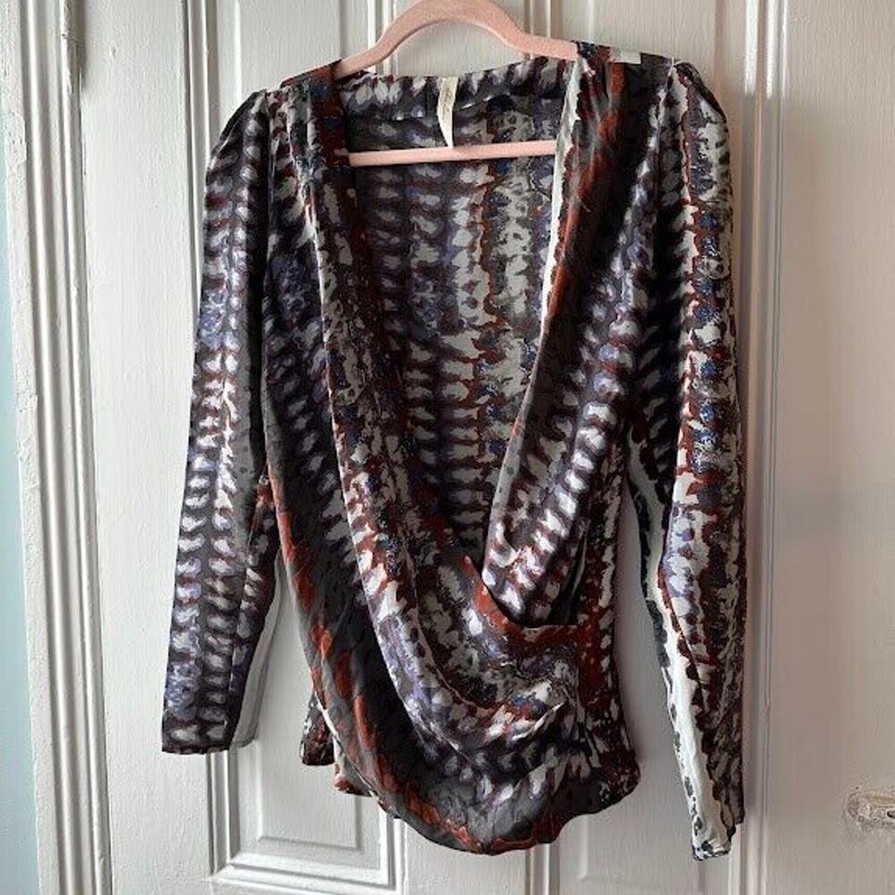 Chelsea Flower 100% Silk Wrap Style Long Sleeve Abstract Print Blouse | Size XS